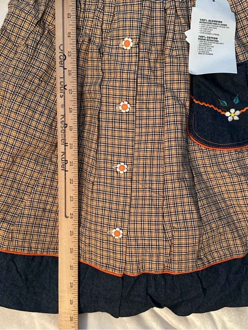 Vintage Narci Stell Sleeveless Patchwork Plaid Denim Flower Dress Girls 8 orange